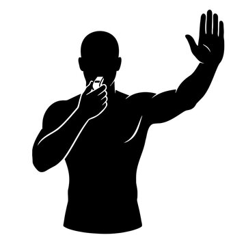 Referee Silhouette Blowing Whistle and Making Stop Gesture. Black and White Vector Illustration of Coach or Lifeguard.