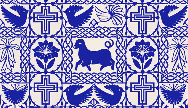 Scandinavian easter church window pattern with lamb crosses flowers and birds in blue on white background traditional nordic design elements for easter celebration