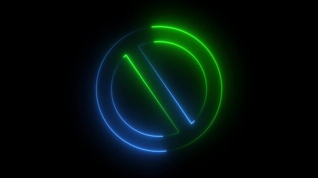 Dual-toned neon prohibition sign with transitioning pink and blue light against a black background.