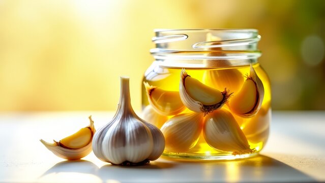 Garlic cloves, submerged in oil, garlic confit preserve