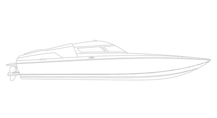 Outline drawing of a sleek, modern speed boat with a closed cabin and a powerful outboard motor.