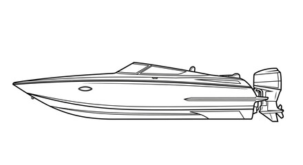 A detailed line drawing of a sleek, modern speed boat with an outboard motor, presented in a side profile against a white background.