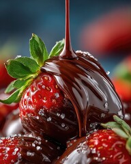 Fresh red strawberry drizzled with rich melted dark chocolate showing beautiful geometric lines of flowing syrup, authentic sweet romantic dessert concept
