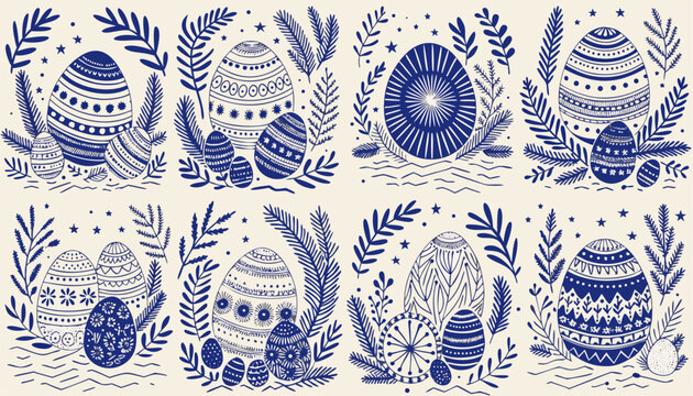 Scandinavian easter egg pattern with blue and white eggs leaves and flowers on cream background vector illustration for easter decoration and celebration