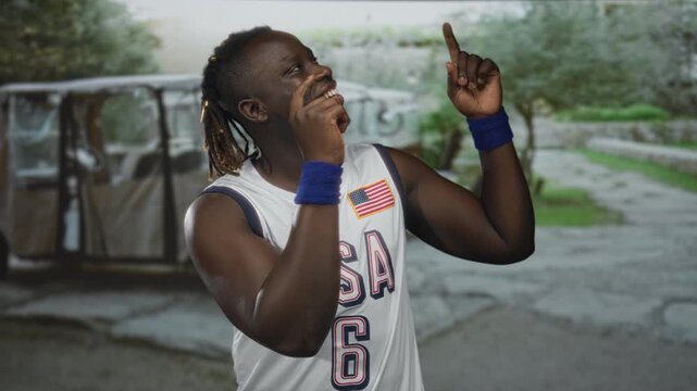 Man in usa basketball jersey number 6 pointing finger upward with both hands and smiling in street near golf cart; joyful confidence.