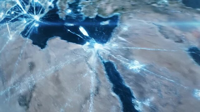 Global Connections: A network of illuminated pathways crisscrosses the globe, symbolizing the interconnectedness of modern technology and global communication. 
