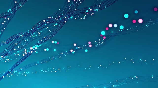 Seamless loop of glowing particles traveling along twisted wireframe structures. This 3D rendering simulates neural activity or high speed data transfer within a deep blue digital network suitable for