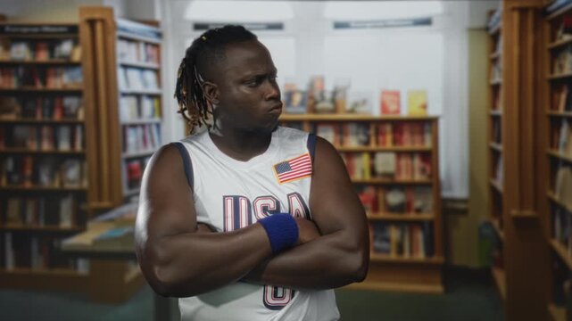 Man in usa basketball jersey with american flag patch and blue wristbands, arms crossed showing biceps in library; determination sportsmanship.