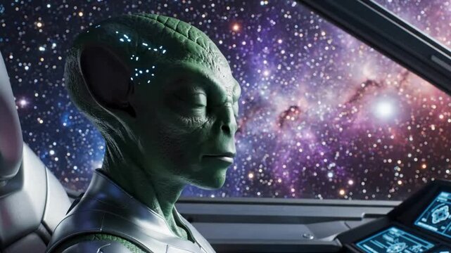 Detailed portrayal of a green extraterrestrial pilot wearing futuristic armor inside a spacecraft cockpit observing space.