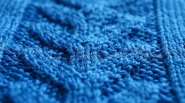 Close up view of textured soft blue knitted wool fabric showing intricate interwoven pattern