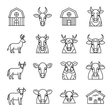 Collection of line art animal and barn icons in various views and simple designs