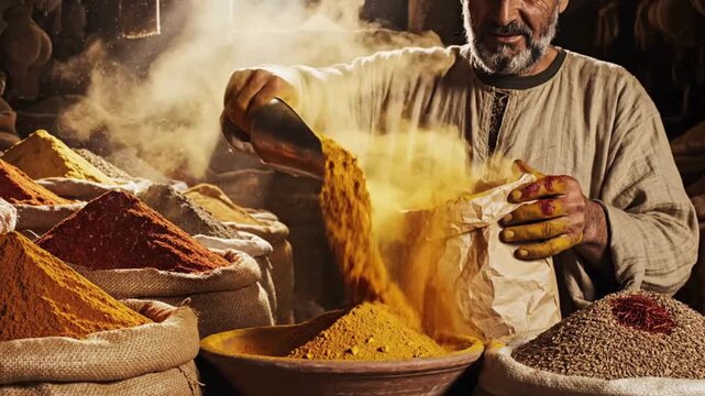 Traditional merchant skillfully pours vibrant turmeric powder from a scoop into a large earthen bowl surrounded by spices.