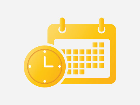 A yellow calendar and clock icon on a white background, available as an editable vector file for scheduling and time management purposes