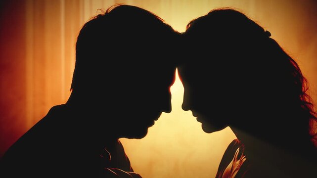 silhouette two happy person, loving couple at sunset together man face to face sexy beauty young woman. Adult girl guy looking at each other eyes with love emotion. room hot orange sun magic light 4k