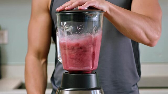 Man preparing a healthy fruit smoothie with fresh berries, banana and protein powder in a blender for fitness nutrition