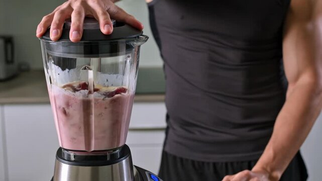 Man adds banana to blender with berries and protein powder, then starts blending in the kitchen for a healthy shake.