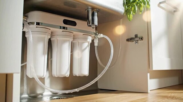 Compact under-sink reverse osmosis water filtration system featuring three vertical white filter cartridges installed neatly beneath a kitchen basin.