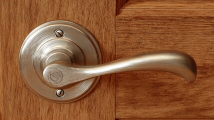 Fototapeta premium Close up of a metallic door handle on a wooden door indoors copy space