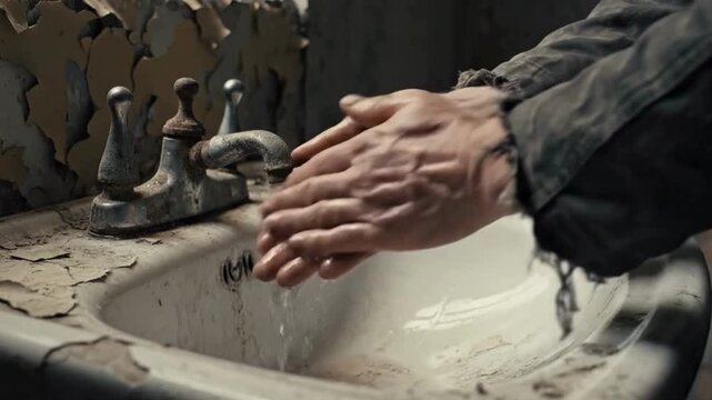 Close-up of worn, dirty hands vigorously washing under running water from an antique, corroded bathroom sink faucet.