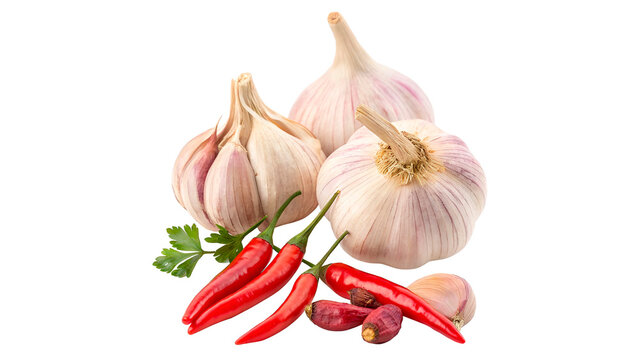 Cloves of garlic and red chili peppers  isolated on transparent background