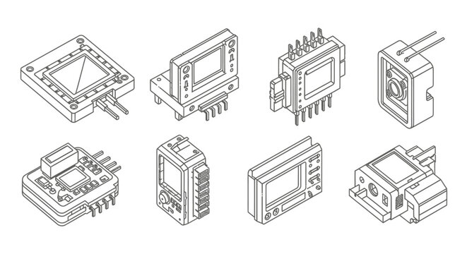Isometric Outline Set of Detailed Electronic Components and Integrated Circuits on Isolated White Background