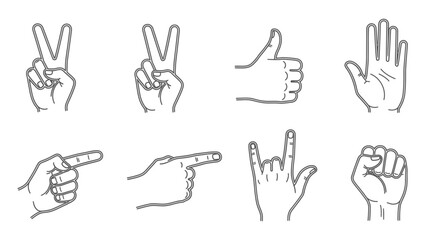 Obraz premium Collection of Diverse Hand Gestures Including Peace Sign, Thumbs Up, Open Palm, Pointing, and Fist, isolated white background.