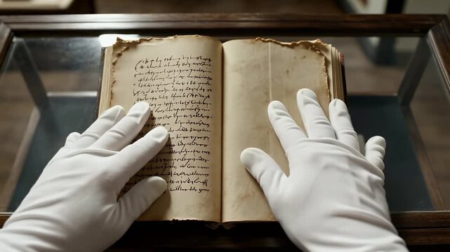 Archivist Hands Turning Pages of Ancient Manuscript Old Book
