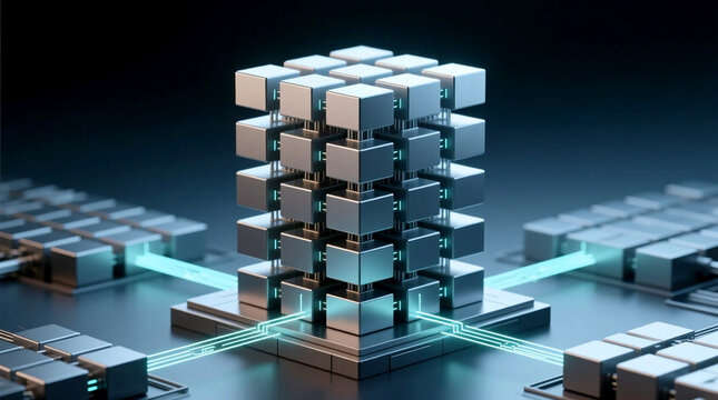 Conceptual illustration of robust Enterprise AI System task orchestration platform with layered modular blocks powering scalable cloud infrastructure and automation dark digital background