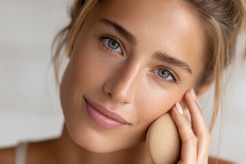 Close-up portrait of a young woman applying makeup with a sponge on her cheek, showcasing natural beauty and a flawless complexion for a skincare advertisement campaign.