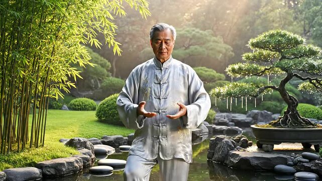 Senior Asian man practicing tai chi in serene Japanese garden