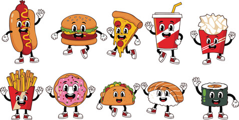 Fototapeta premium Retro Rubber Hose Fast Food Mascot Set - Vintage 1930s Style Cartoon Junk Food and Snack Characters