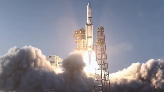 Powerful rocket launch into blue sky from launchpad technology