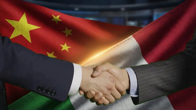 Business agreement handshake symbolizes strong diplomatic and economic partnership between China and Italy under fluttering national flags.