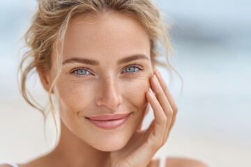 A close-up portrait of a beautiful young woman with freckles, showcasing her flawless skin and natural beauty, exuding confidence and a radiant glow.