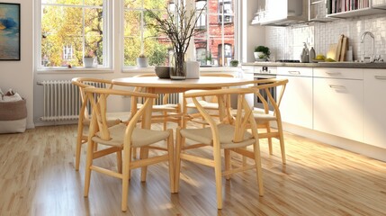 Obraz premium Modern dining room with round wooden table and chairs near window