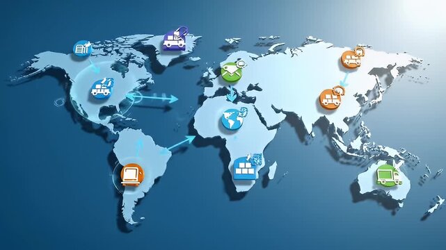 Stylized world map with transportation icons on blue background, bright upper corner