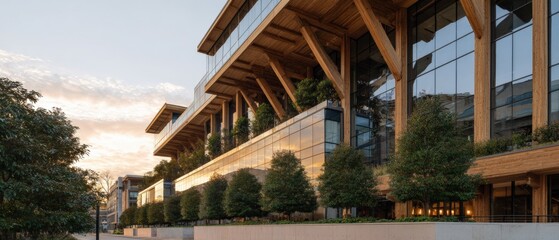 Fototapeta premium Modern timber office building with glass facade and greenery at sunset