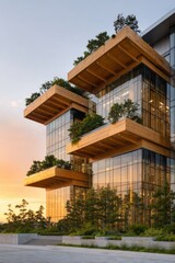 Fototapeta premium Modern sustainable building with wooden terraces and vertical gardens at sunset