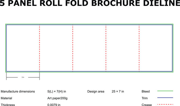 A detailed diagram of a 5 panel roll fold brochure die line template