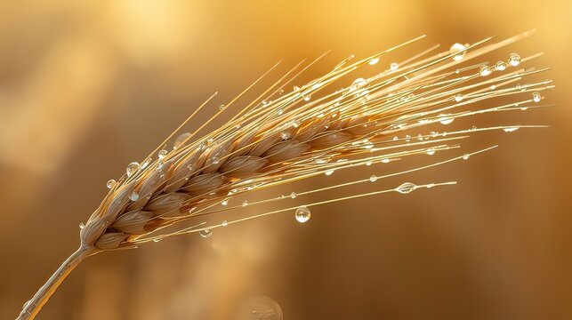 Golden wheat with dew drops on a blurred background