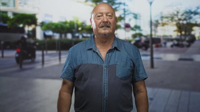 Senior hispanic man standing facing camera on a busy city street in a denim button shirt with arms relaxed and a slight smile; calm approachable.