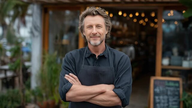 156Portrait-style image of caf&eacute; owner in apron standing proudly outside his shop, chalkboard menu and coffee aroma implied, natural light and inviting ambiance