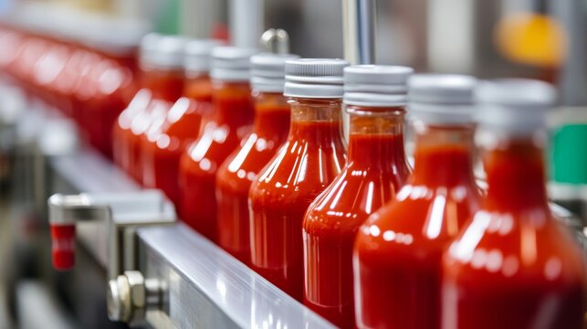 Close-up of tomato sauce bottles moving on a conveyor belt in a food production factory during automated manufacturing