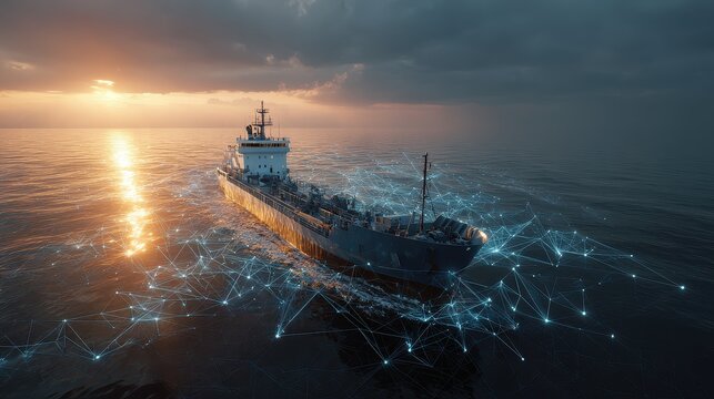 Autonomous cargo vessel navigating digital ocean network smart shipping logistics global trade connectivity maritime technology innovation cyber security risk efficiency optimization close up futurist