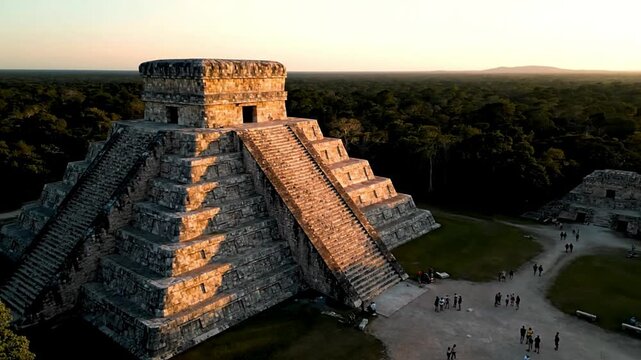 Cinematic Aerial Drone Shot of Chichen Itza Pyramid at Sunset, Ancient Mayan Ruins and Archaeological Heritage Concept

