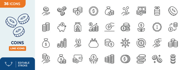 Obraz premium Coins icon set. Contain icons related to Coins, money, and more. Editable stroke. Vector Illustration