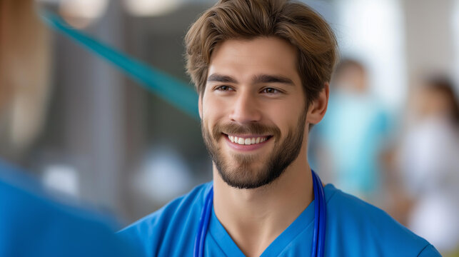 Faceless smiling physiotherapist supporting man exercising with elastic band, physical therapy assistance, resistance training supervision, rehabilitation guidance, defocused peopl