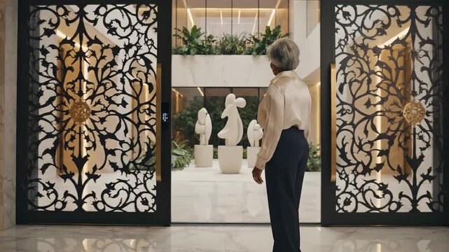 Elegant Woman Standing in Front of Ornate Metal Doors in a Luxurious Setting.