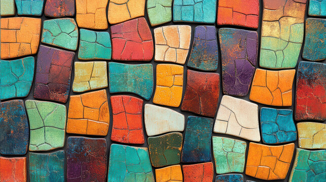 Colorful mosaic tiles create vibrant and artistic pattern, showcasing variety of textures and hues. arrangement features shades of red, blue, green, orange, and yellow, evoking lively atmosphere
