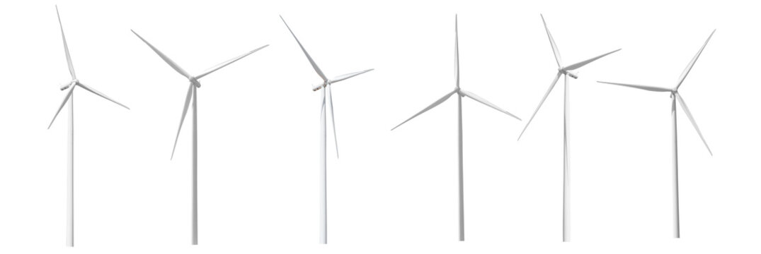 Realistic Six wind turbines or windmills with different angles and lighting and shadows. technology for sustainable electric generation. isolated image.